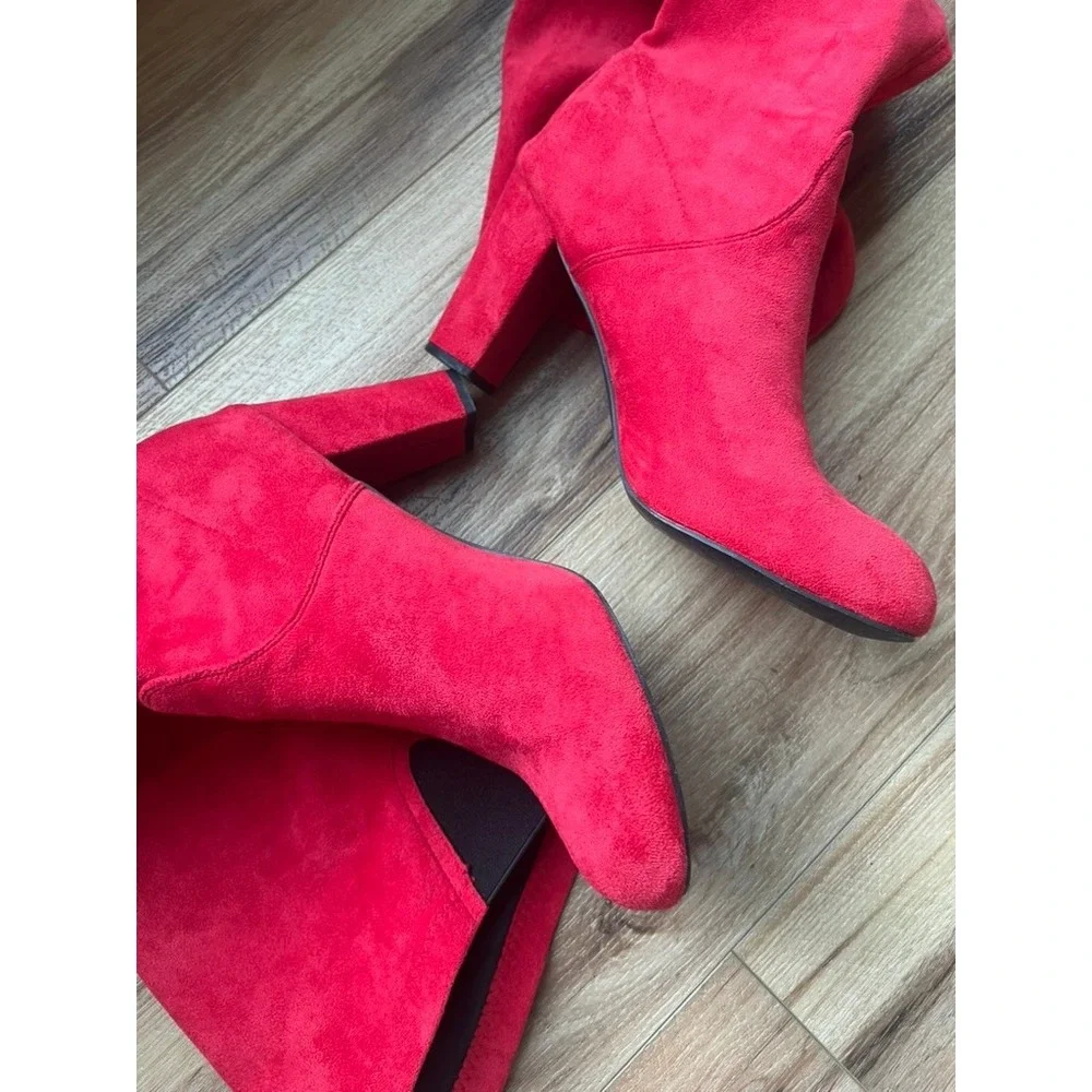 Over The Knee Boots W 11/42 Red Faux Suede Block Heel Tall Boots Sexy Date Night